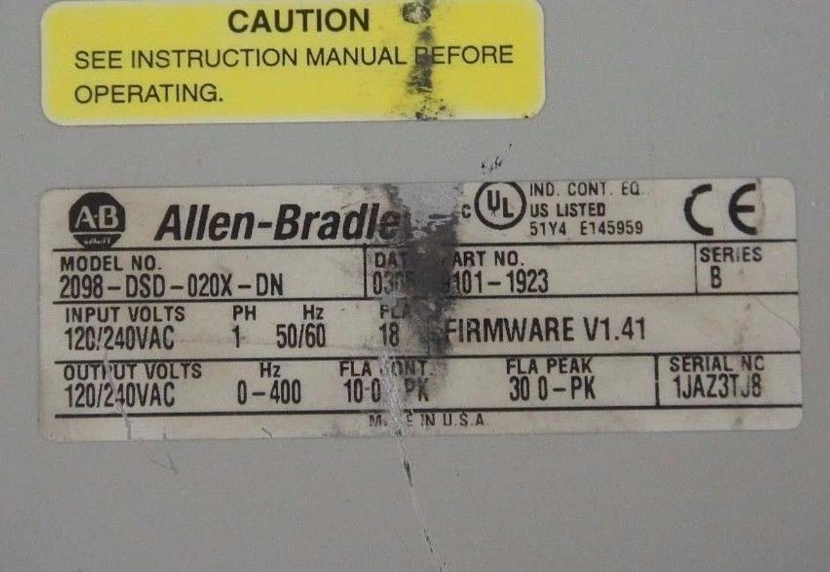 Used ALLEN BRADLEY 2098-DSD-020X-DN ULTRA 3000I DRIVE SER.B F/W: V1.41 P/N: 9101-1923