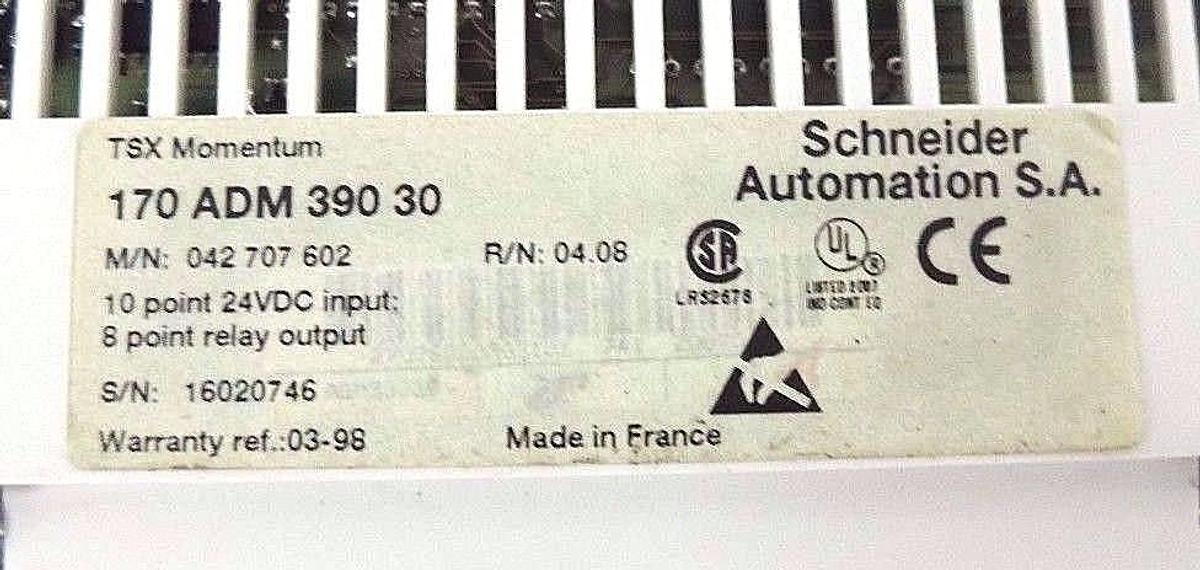 Used SCHNEIDER MODICON 170ADM39030 I/O BASE, 24VDC - 10PT IN 8PT RELAY OUT R/N: 04.08