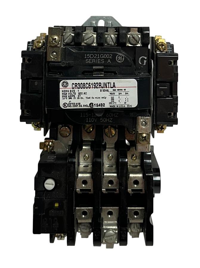 Used GENERAL ELECTRIC CR308C6192RJNTLA NEMA SIZE 1 MAGNETIC STARTER 600VAC 27A USNP