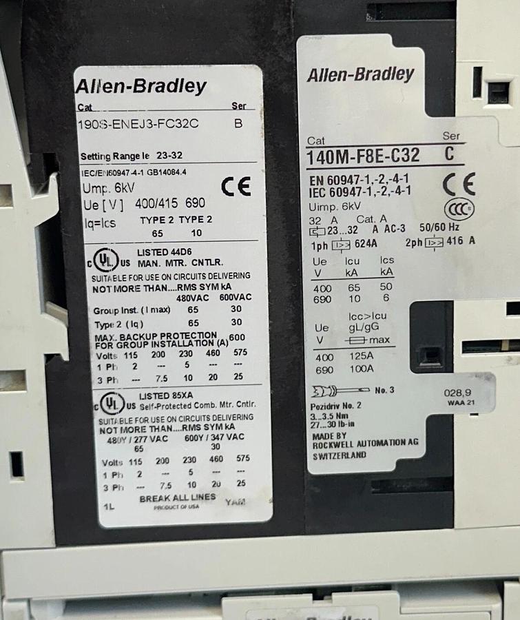Used ALLEN BRADLEY 190S-ENEJ3-FC32C /B COMPACT COMB STARTER W/ BREAKER 23-32A USNP