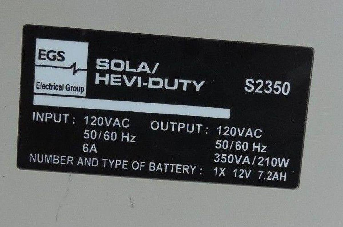 Used SOLA HEVI-DUTY S2350 UNINTERRUPTIBLE POWER SUPPLY UPS, 350VA / 210W 5-15 MIN.