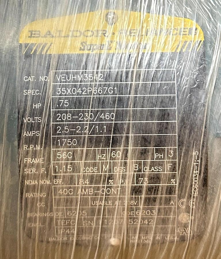 Used BALDOR RELIANCE VEUHM3542 / 35X042P667G1 SUPER-E INDUSTRIAL MOTOR .75HP NSMP