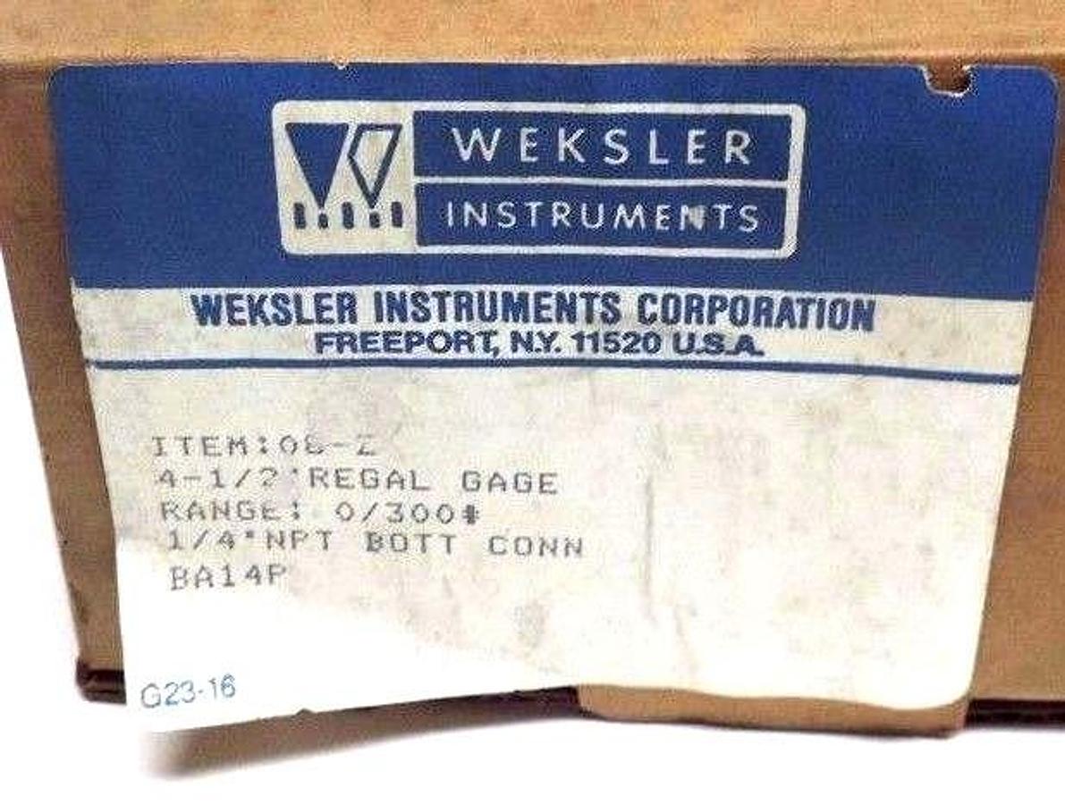 Used NIB WEKSLER 08-Z REGAL GAUGE 4-1/2" 0-300PSI, 1/4" NPT BOTT CONN.