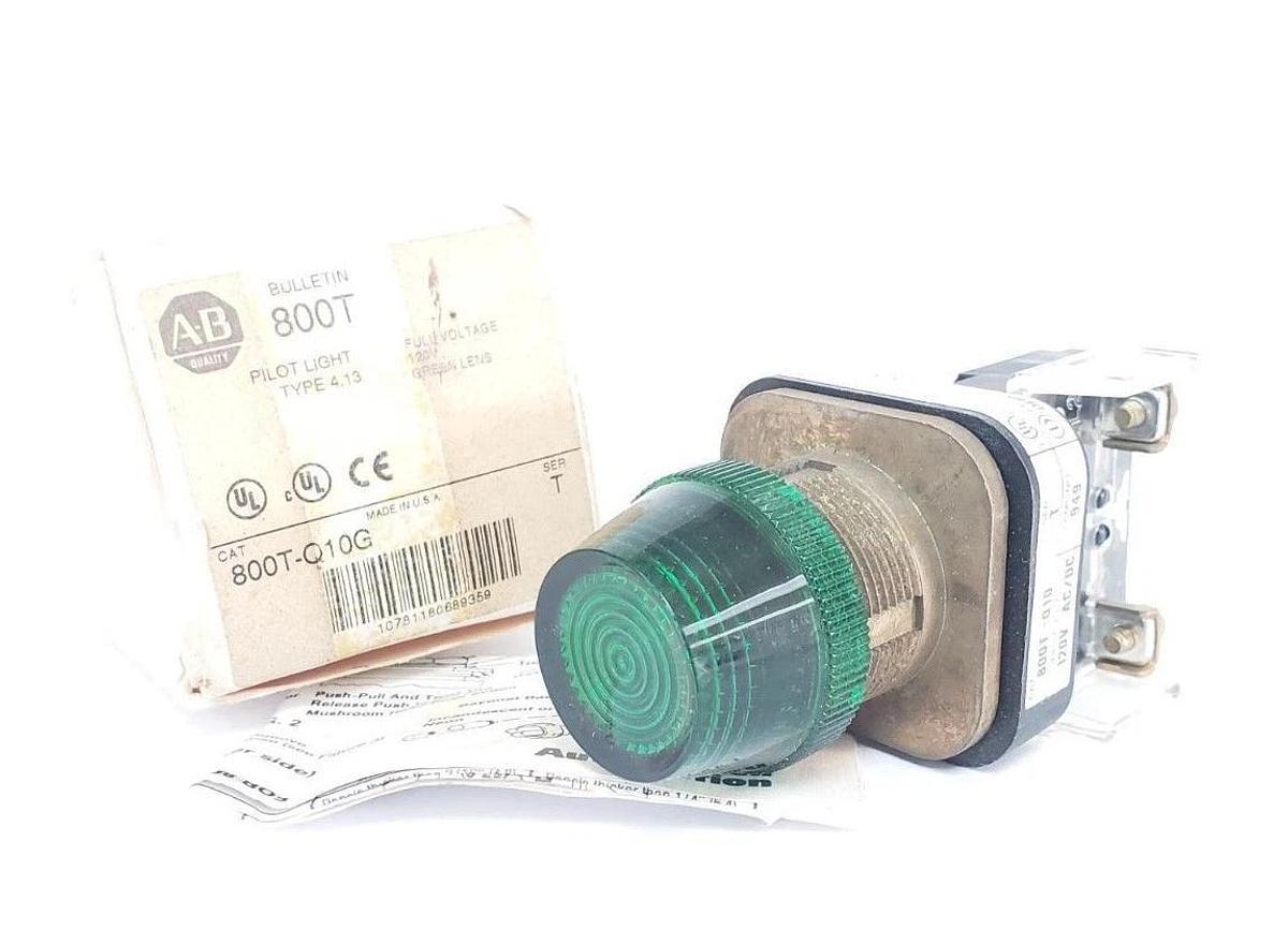 NIB ALLEN-BRADLEY 800T-Q10G SER. T GREEN PILOT LIGHT, 800T-Q10, 120V, TYPE 4, 13