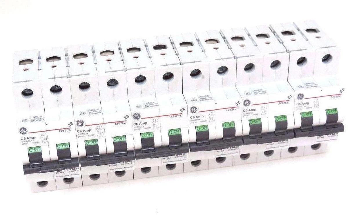 Used BOX OF 6 NEW GENERAL ELECTRIC EP62ULC06 CIRCUIT BREAKERS EP62UL, 2-POLE, 277VAC