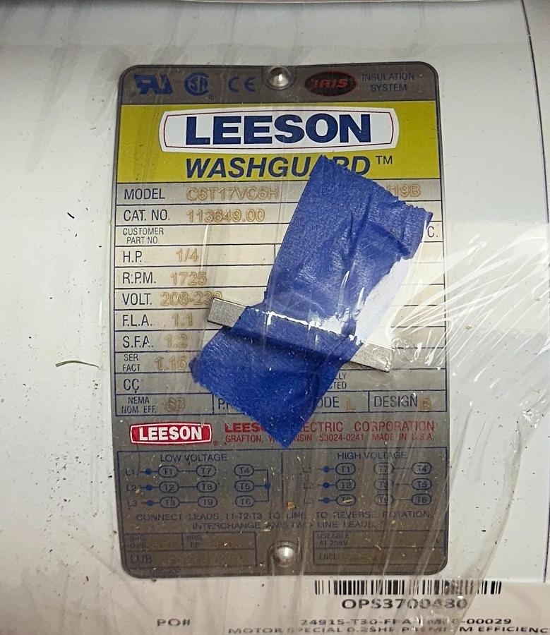 Used LEESON 113649.00 / C6T17VC5H WASHGUARD ELECTRIC MOTOR 1/4HP 208-230/460V NSMP