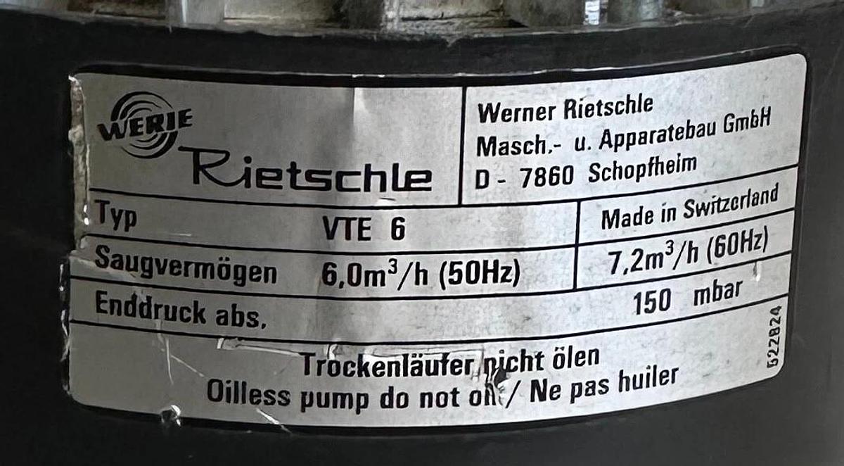Used WERIE RIETSCHLE VTE6 / WB63B2STP / 105304 PICOLINO OILLESS ROTARY VACUUM PUMP