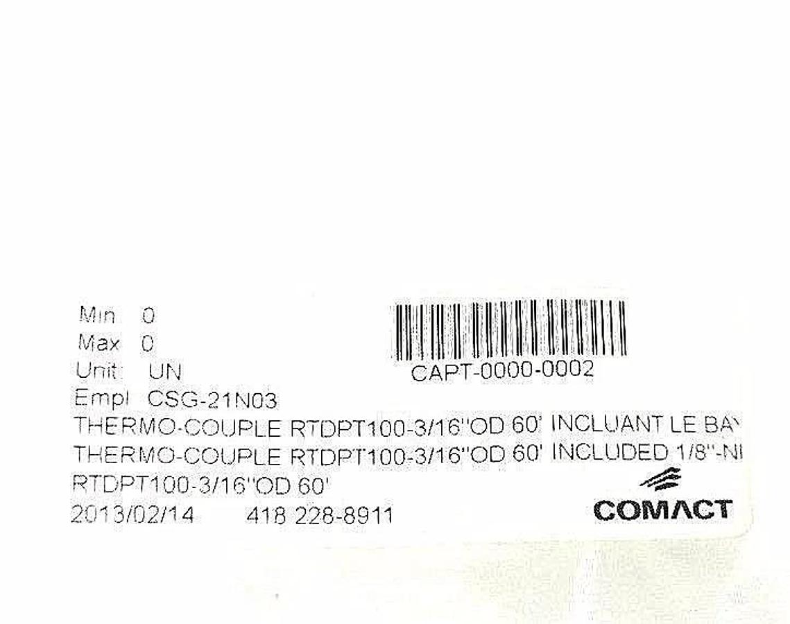 NEW COMACT RTDPT100-3/16"OD 60' THERMO COUPLE, CSG-21N03