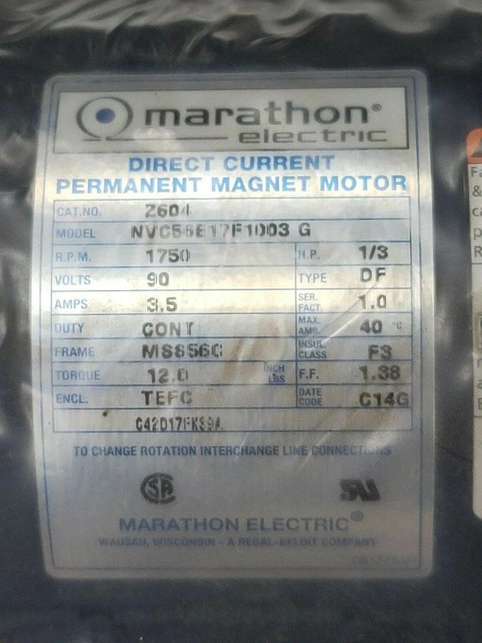 Used NEW MARATHON ELECTRIC Z604 MOTOR NVC56E17F1003 G 1/3 HP 1750 RPM 90 V 3.5 AMP