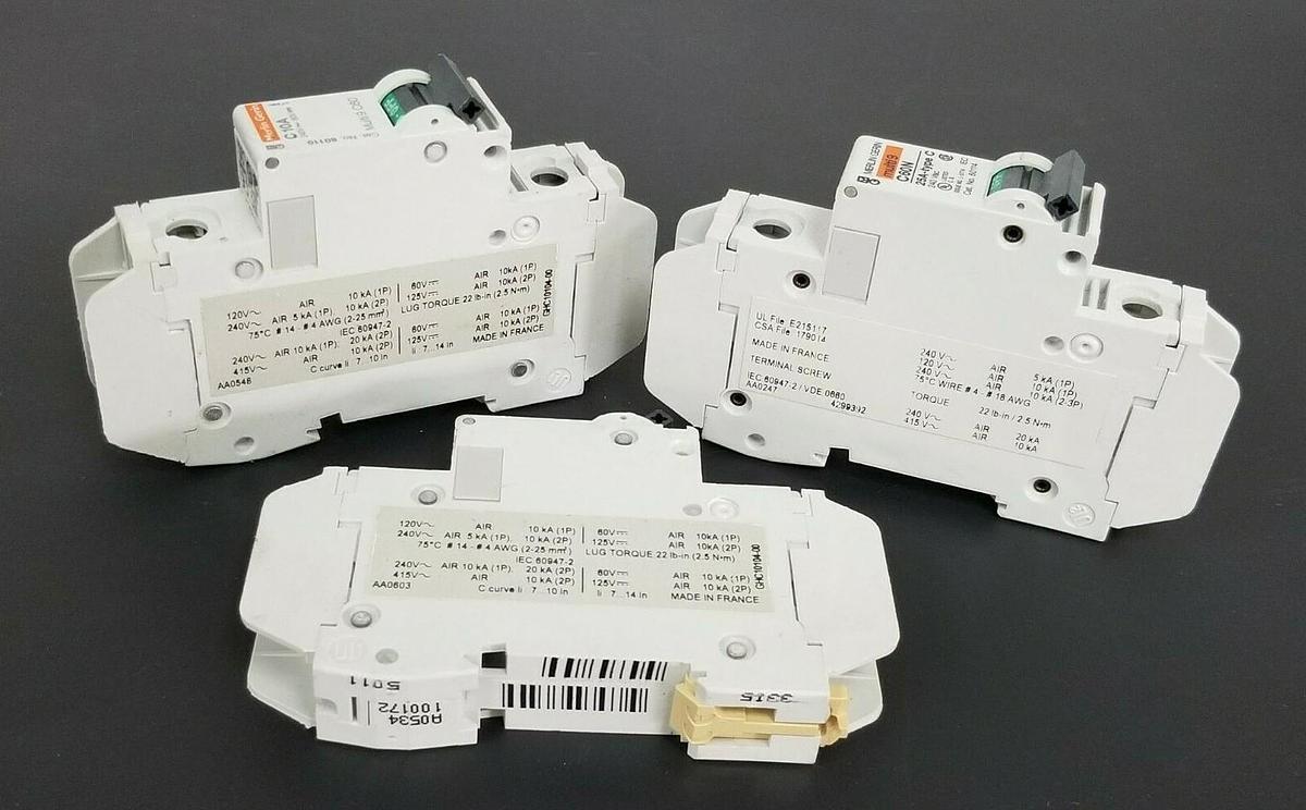 Used LOT OF 3 MERLIN GERIN CIRCUIT BREAKERS 60114 , 60110 , 60111 C60N C10A C13A