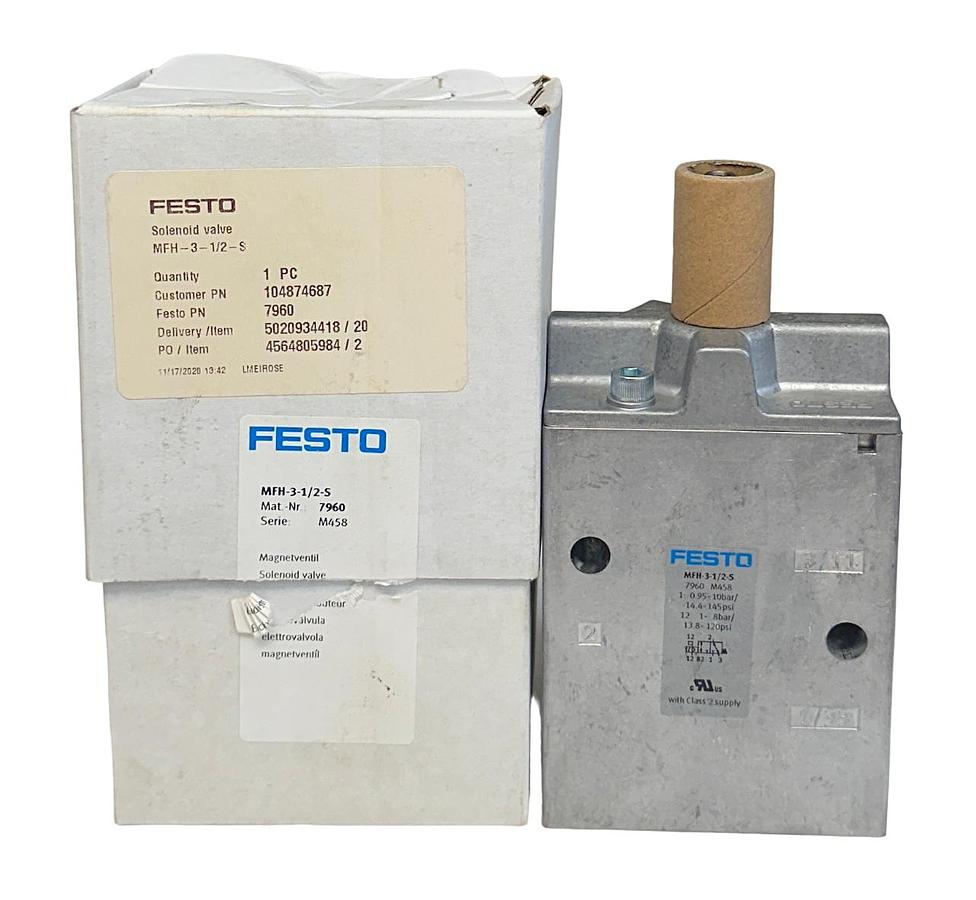 Used NEW FESTO MFH-3-1/2-S / 7960 ELECTRICAL AIR SOLENOID VALVE 3/2 52mm NSMP