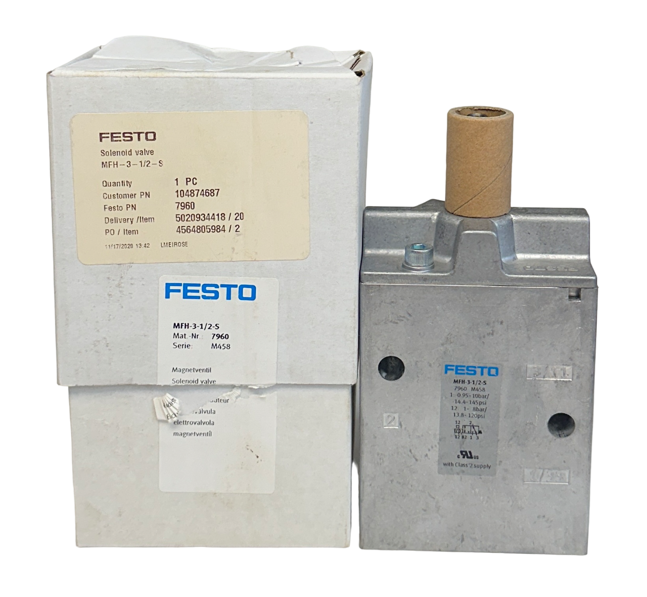 Used NEW FESTO MFH-3-1/2-S / 7960 ELECTRICAL AIR SOLENOID VALVE 3/2 52mm NSMP
