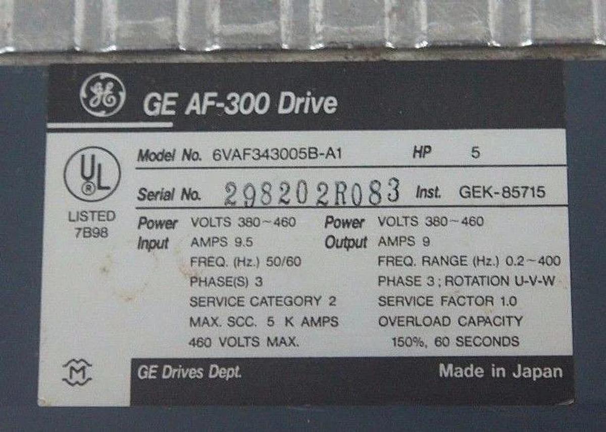 Used GENERAL ELECTRIC 6VAF343005B-A1 AF-300 DRIVE 5HP, 380-460V, 9.5A, 50/60HZ