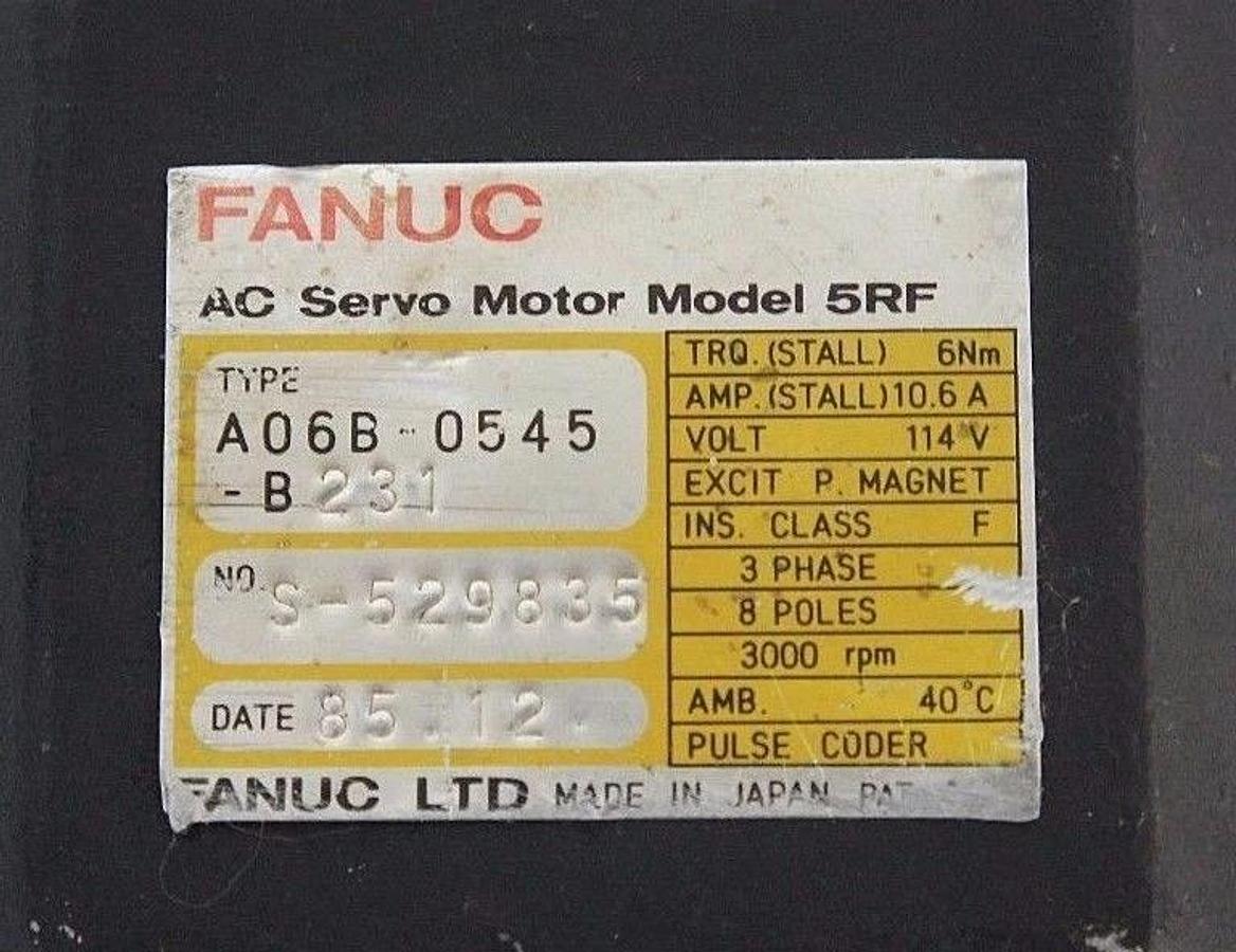 Used FANUC A06B-0545-B231 AC SERVO MOTOR MODEL 5RF, A06B0545B231 W/ A860-0320-T011