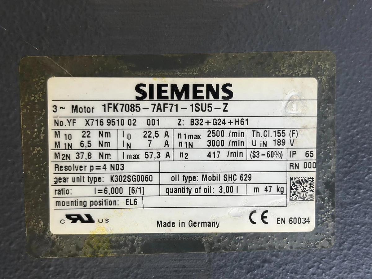 Siemens 1FK7085-7AF71-1SU5-Z Servo Motor w/Stober K302SG0060 Gearbox 6:1 Ratio
