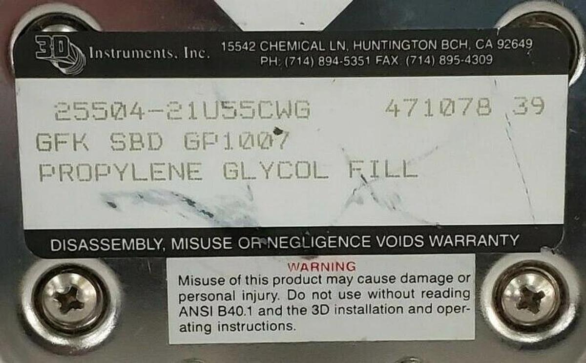 Used 3D INSTRUMENTS 25504-21U55CWG PRESSURE GAUGE, GFK SBD GP1007, 471078 39, 0-15PSI