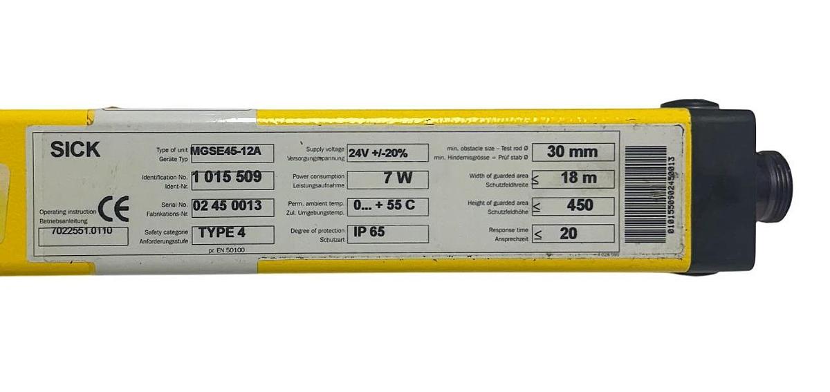 SICK MGSE45-12A / 1015509 SAFETY LIGHT CURTAIN RECEIVER 24V 7W 30mm 18m NSNP