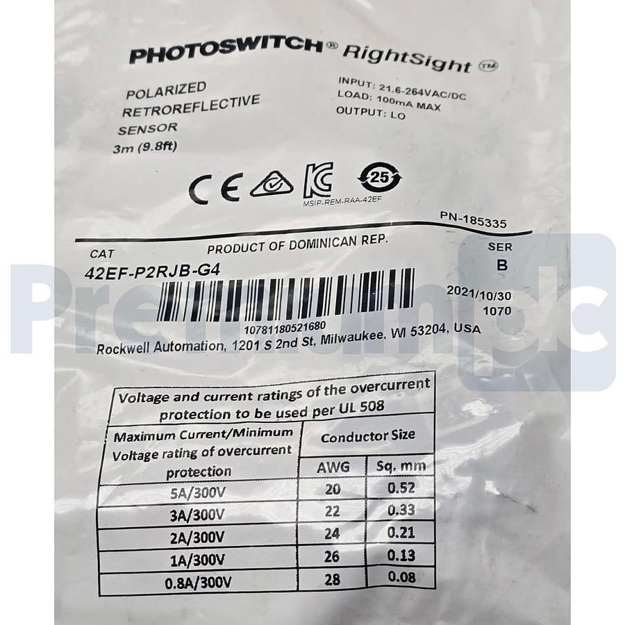 Allen Bradley 42EF-P2RJB-G4 /B RightSight Photoelectric Sensor Polarized 3m NSFS