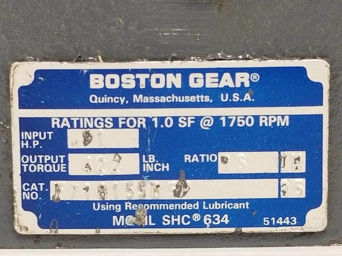 Used BOSTON GEAR F71815SB5H GEAR REDUCER 0.91 INPUT HP, 422 LB. INCH OUTPUT TORQUE