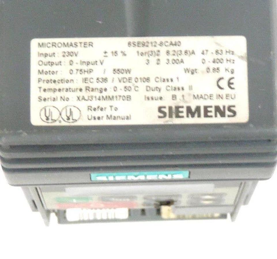 Used SIEMENS 6SE9212-8CA40 MICROMASTER DRIVE .75HP 230V 3PH 6SE92128CA40