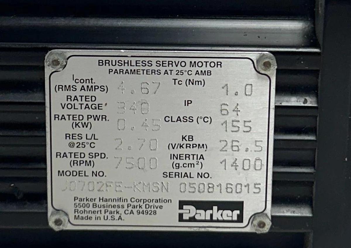 Used PARKER J0702FE-KMSN / J0702FEKMSN NeoMetric SERIES SERVO MOTOR 0.45kW IP64 USNP