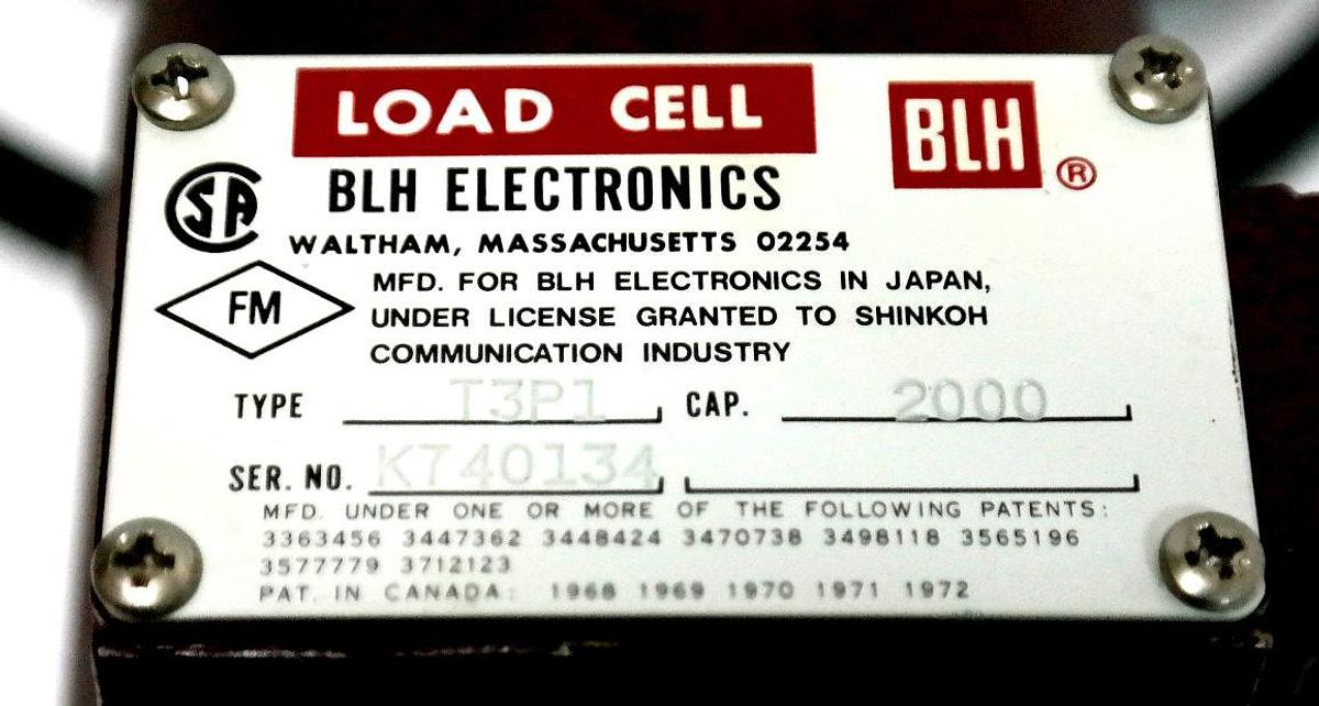 Used BLH ELECTRONICS T3P1 LOAD CELL CAP. 2000LBS.