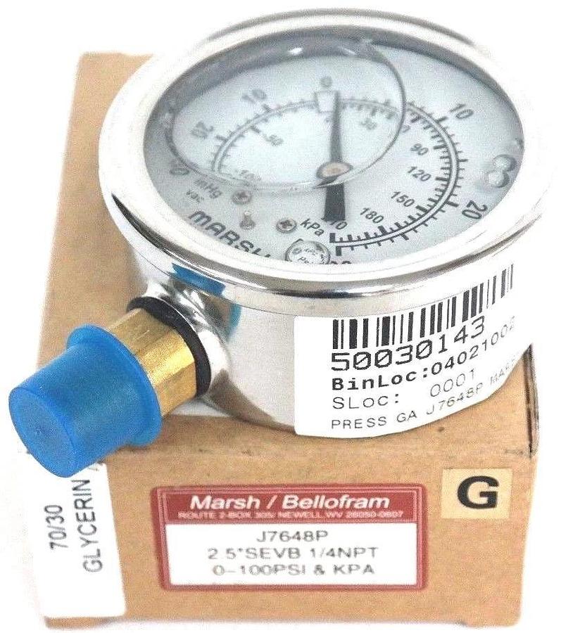 Used NIB MARSH J7648P GAUGE 2.5'' SEVB 1/4NPT, 0-100PSI & KPA