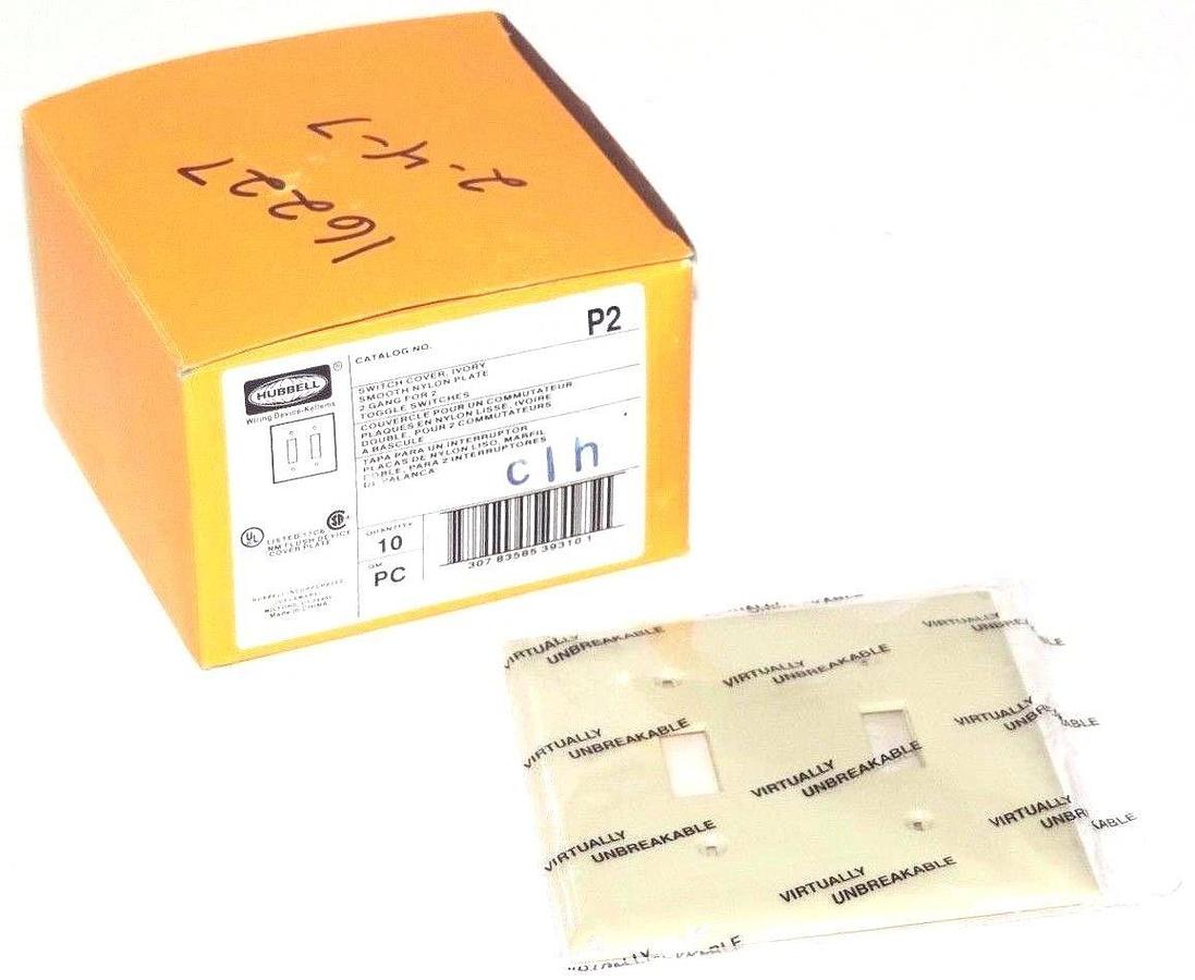 Used BOX OF 10 NEW HUBBELL P2 WALL PLATE SWITCH COVERS IVORY 2-GANG 2-SWITCH