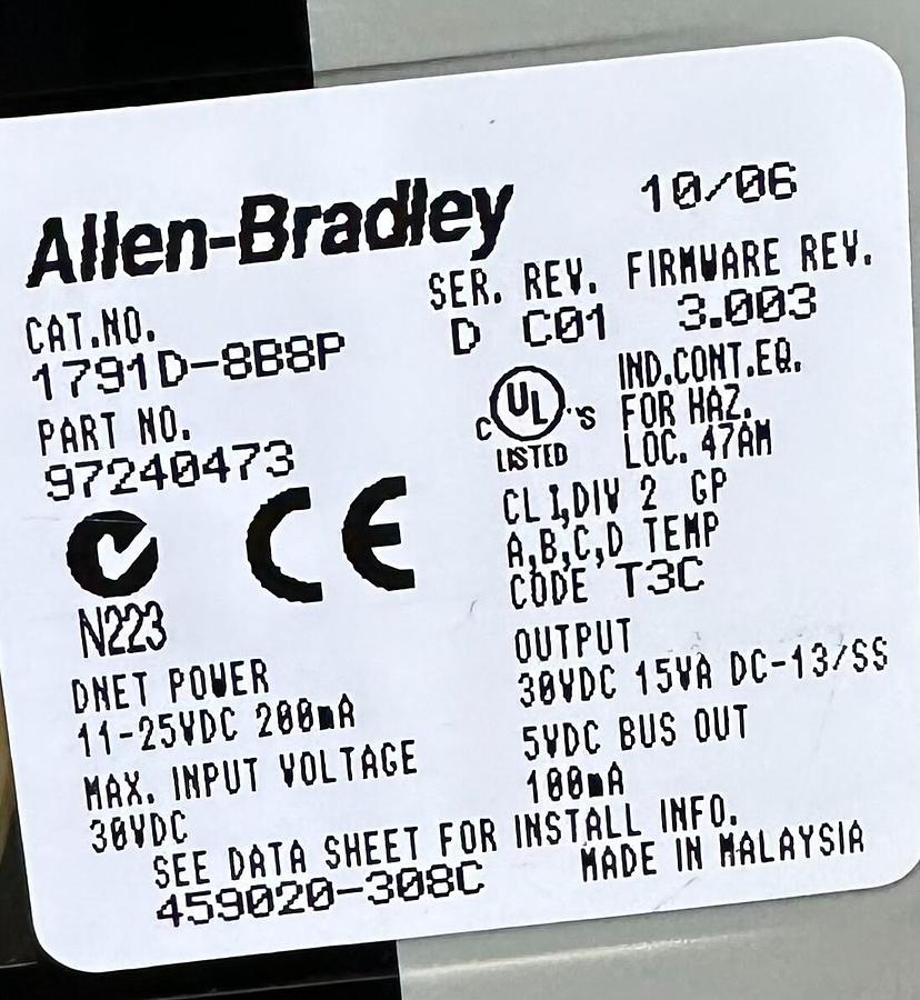 Used ALLEN BRADLEY 1791D-8B8P /D DeviceNet COMPACT I/O BLOCK 24VDC 8IN/8OUT 1791D8B8P