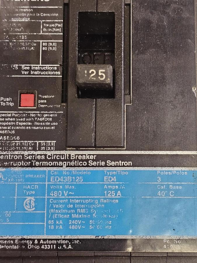 Used SIEMENS ED43B125 CIRCUIT BREAKER 3-POLE 125A 480V