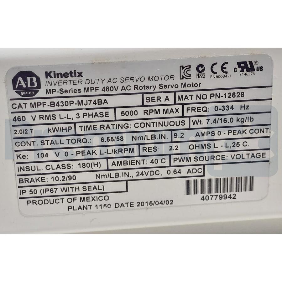 Used Allen Bradley MPF-B430P-MJ74BA /A MPF Food Grade Servo Motor 460V w/Brake NSMP