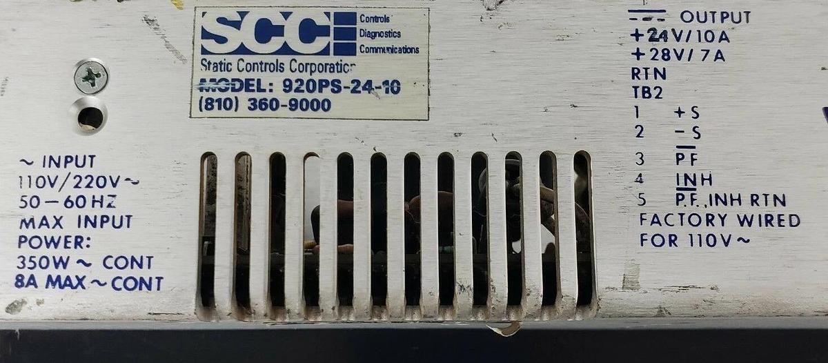 Used SCC STATIC CONTROLS CORPORATION 920PS-24-10 POWER SUPPLY, 24VDC, 10A, 20PS2410