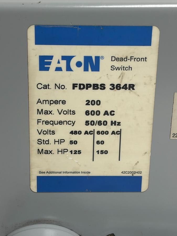 Used Eaton FDPBS364R 3 Pole 200A 600VAC Type FDPB Fusible Panelboard Switch