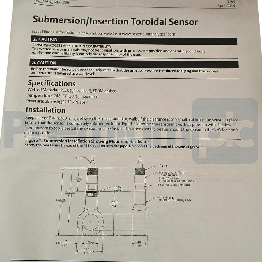 Rosemount 226-02-56 | 11276-10 Submersion Toroidal Conductivity Sensor PT100 NEW
