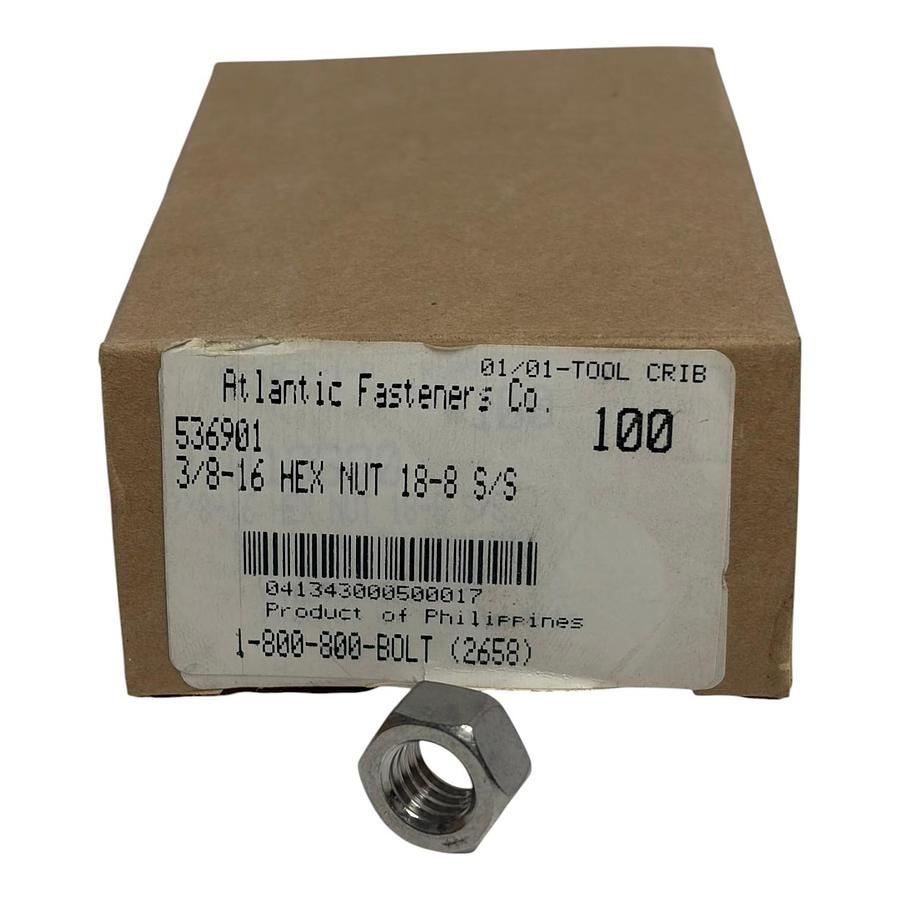 Used Atlantic Fasteners 3/8-16 Hex Nut 18-8 Stainless Steel Box of 100 Fasteners