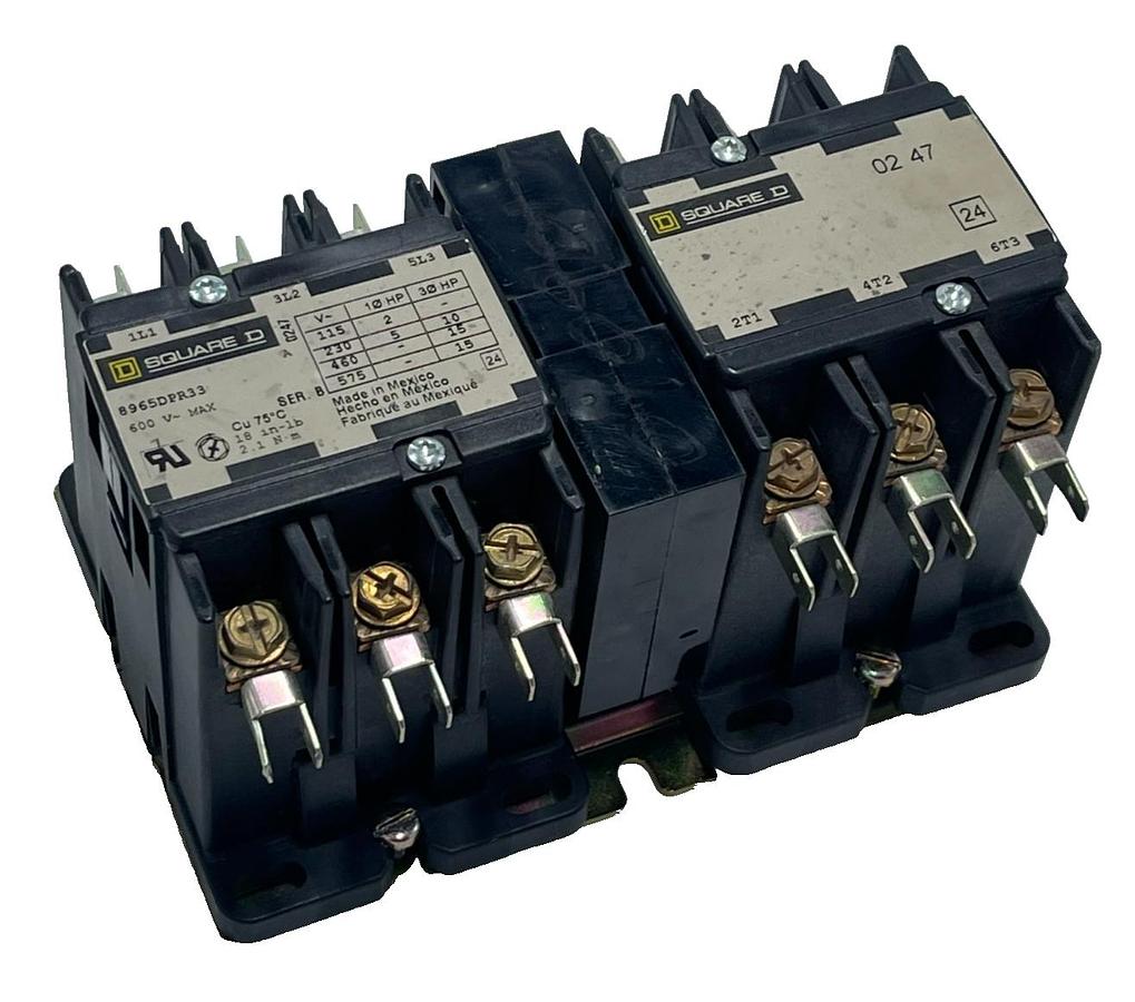 Used SQUARE D 8965DPR33V02 Ser. B Reversing Hoist Contactor 30A 600V 120V Coil, NSNP