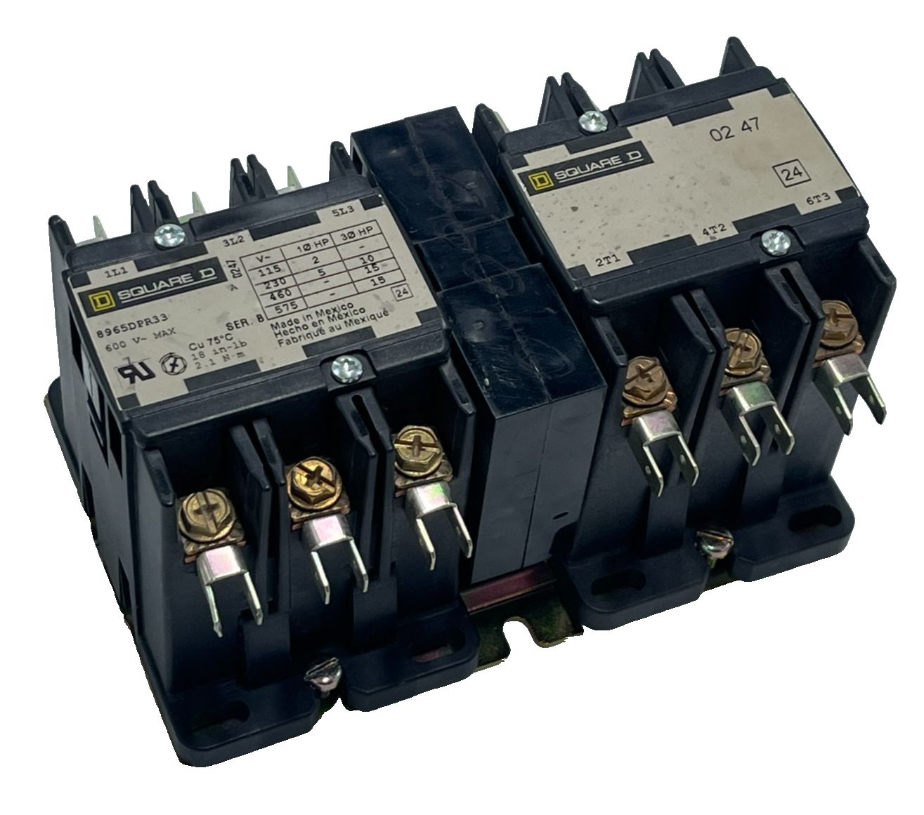 Used SQUARE D 8965DPR33V02 Ser. B Reversing Hoist Contactor 30A 600V 120V Coil, NSNP