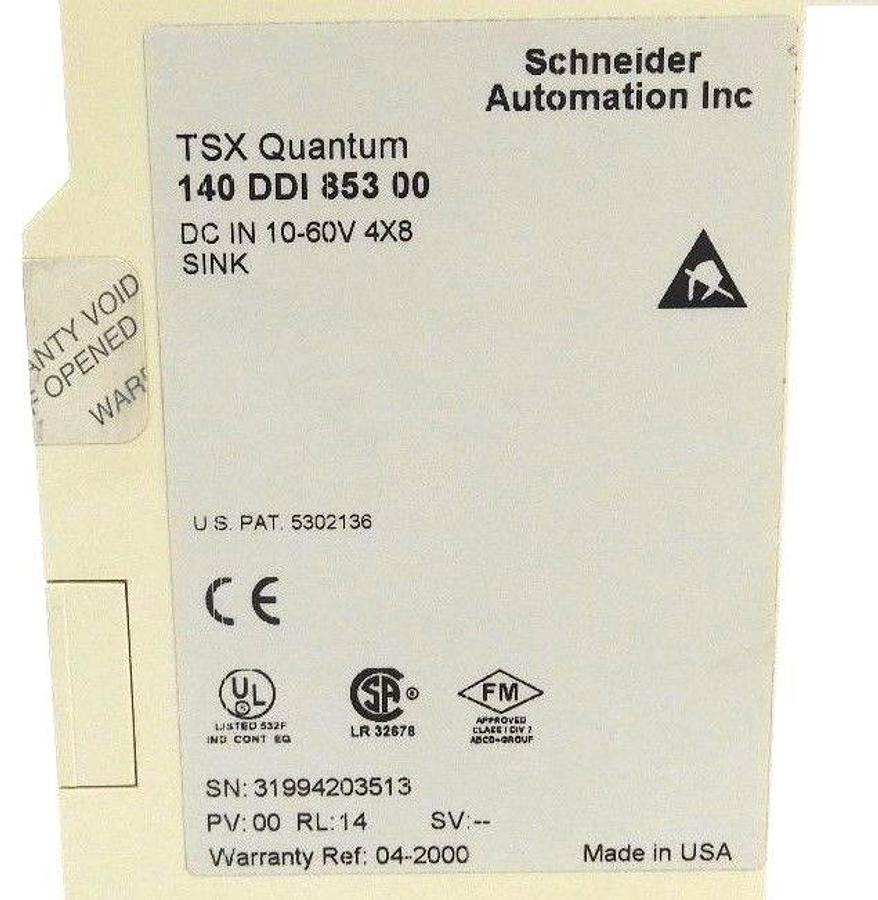 Used SCHNEIDER AUTOMATION 140-DDI-853-00 TSX QUANTUM 140DDI85300, PV: 00 RL: 14