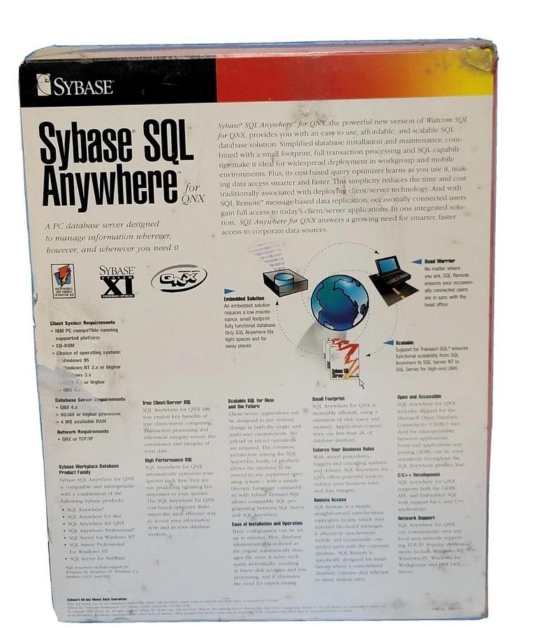 Used NEW SEALED SYBASE SQL ANYWHERE FOR QNX SUPPORTS WINDOWS 95, NT SSA 5.5.04