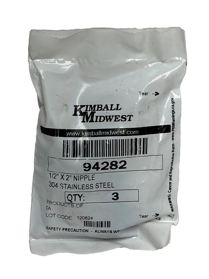 Used Kimball Midwest 94282 1/2" x 2" 304 Stainless Steel Pipe Nipple Lot of 3