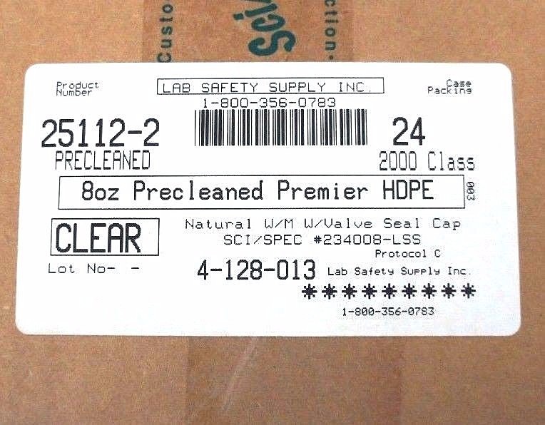 CASE OF 24 LAB SAFETY SUPPLY 25112-2 CLEAR 8 OZ PRECLEANED PREMIER HDPE BOTTLES