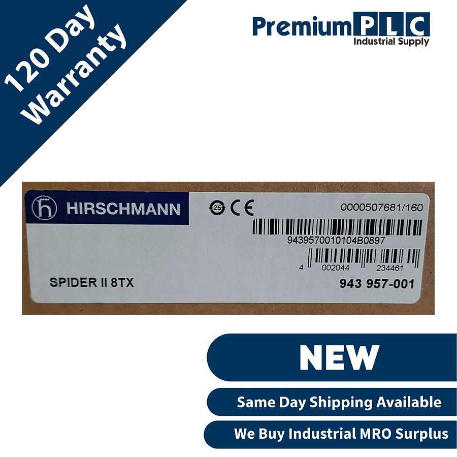 Used NEW HIRSCHMANN SPIDER II 8TX / 943957001 EtherNet RAIL SWITCH 8-PORT 943 957-001