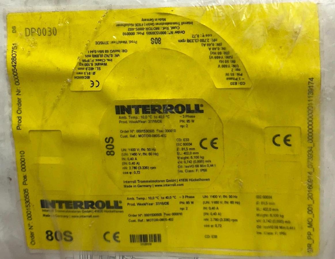 INTERROLL 80S ASYNCHRONOUS COMPACT DRUM MOTOR 3-PHASE 85W 400/460V CONVEYOR NSNP
