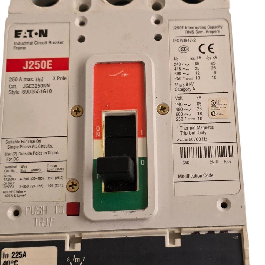 Eaton JGE3250NN | J250E Circuit Breaker 250A 3P 600V 69D2551G10 w/225A Trip NSNP 782116008612