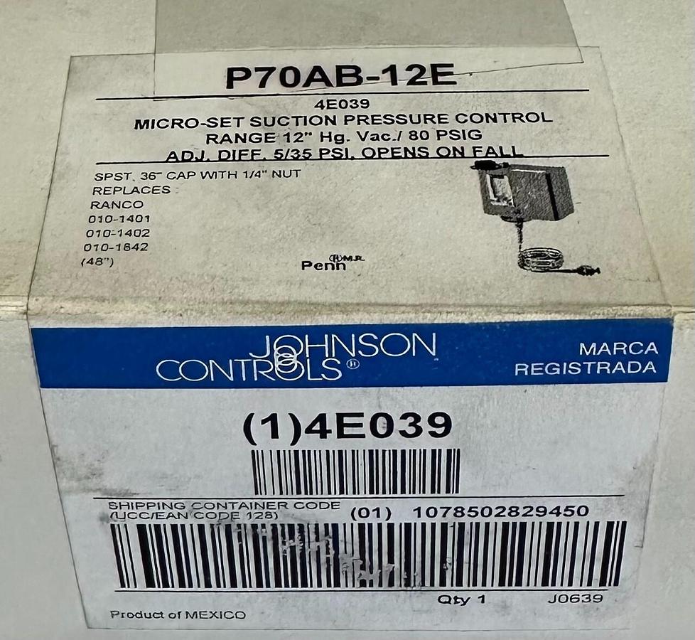 Used NEW JOHNSON CONTROLS P70AB-12E / P70AB12E MICRO-SET PRESSURE CONTROL 4E039