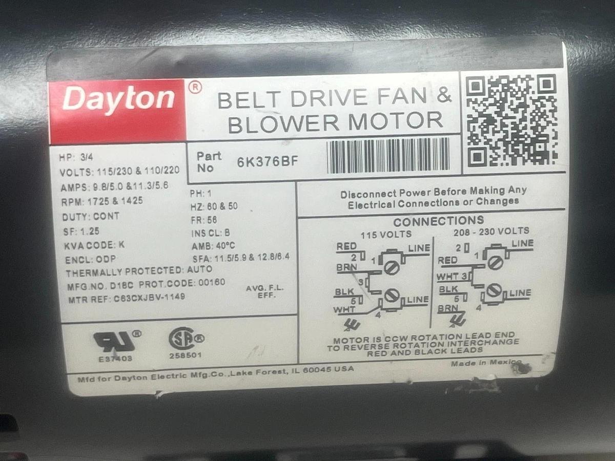 Dayton 6K376BF Belt Drive Fan and Blower Motor 3/4 HP 1 Phase 1725RPM Frame 56