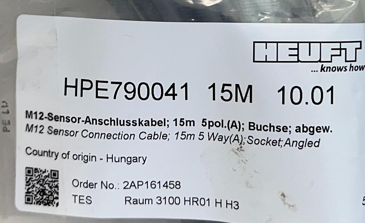 Used NEW HEUFT HPE790041 15M 10.01 M12 SENSOR CONNECTION CABLE 15M 5-WAY ANGLED NSNP