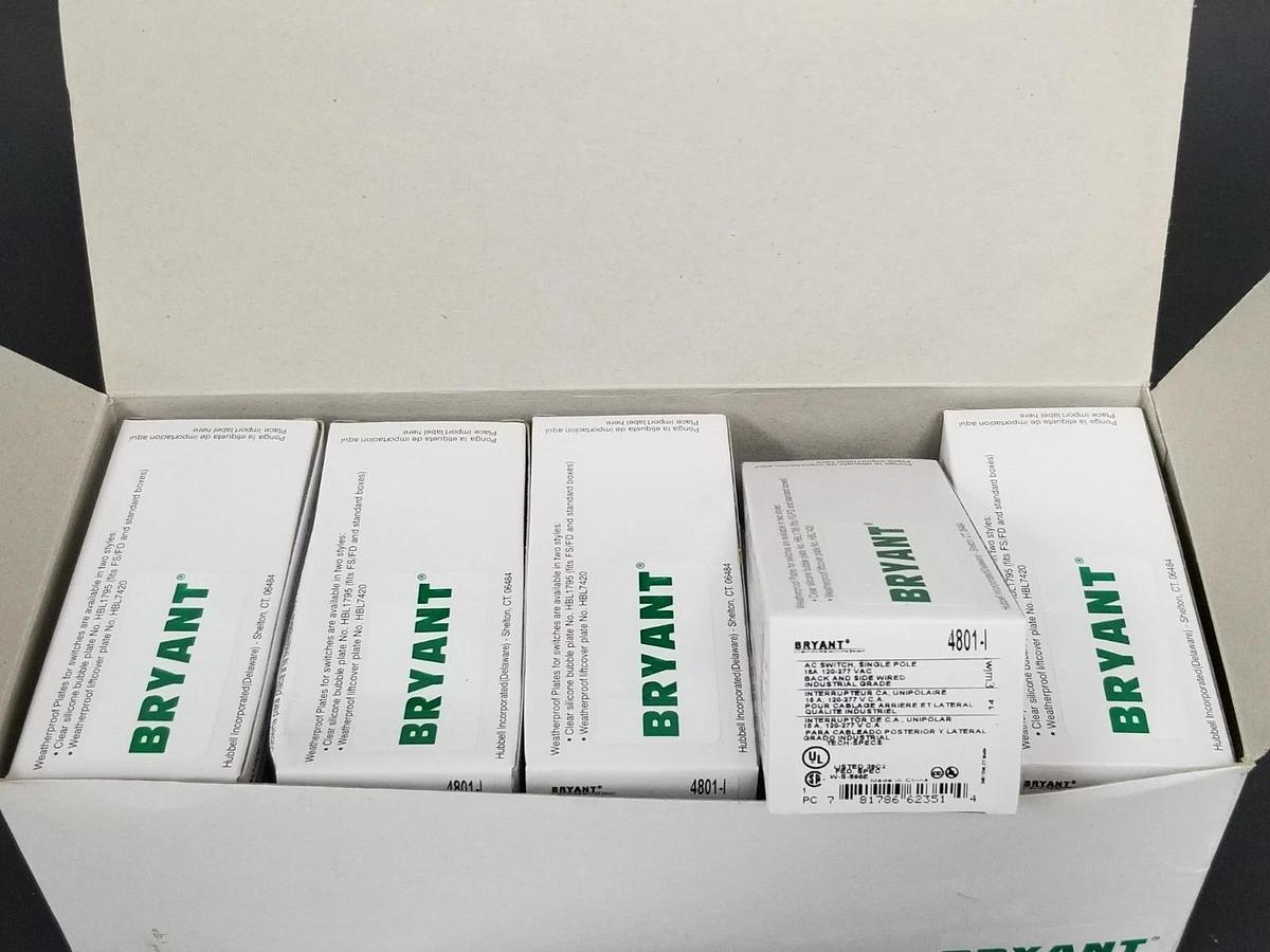 Used BOX OF 10 NEW BRYANT 4801-I AC SWITCHES, SINGLE POLE 15A, 120-277 VAC, 4801I