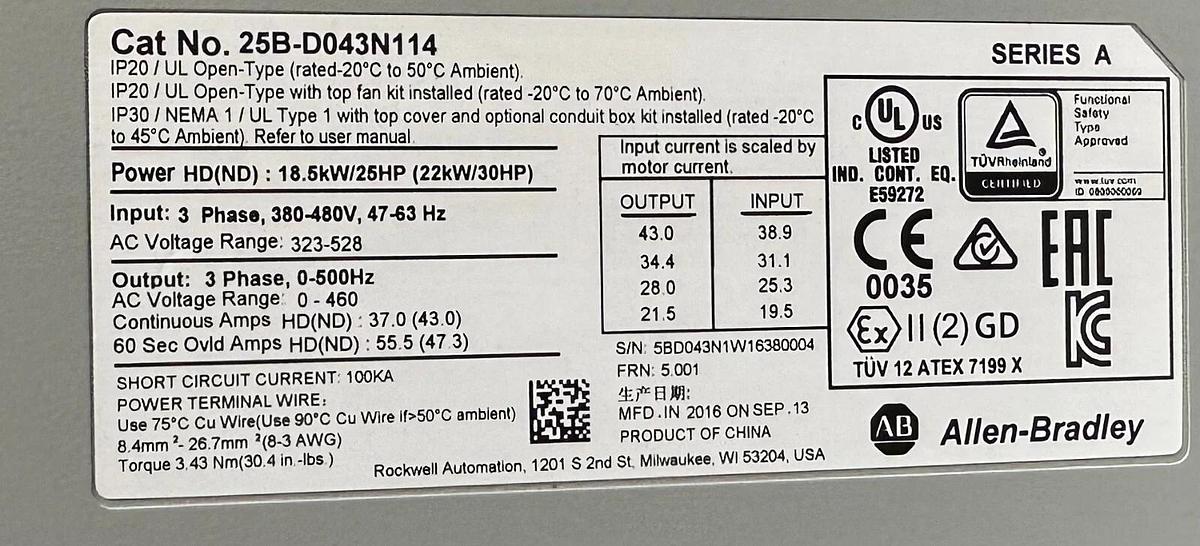 Used ALLEN BRADLEY 25B-D043N114 /A PowerFlex 525 AC DRIVE 22kW/30HP 480V 25BD043N114