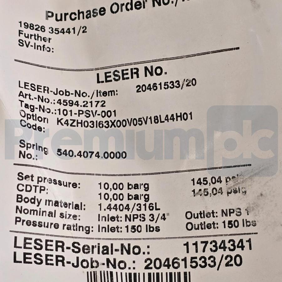 Used LESER 4594.2172 459 S/S Pressure Safety Relief Valve IN 3/4" OUT 1" 145psig NSNP